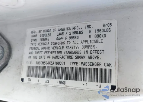 2005 Honda Accord 2.4 Lx из США, поврежденный, VIN 1HGCM564X5A168031